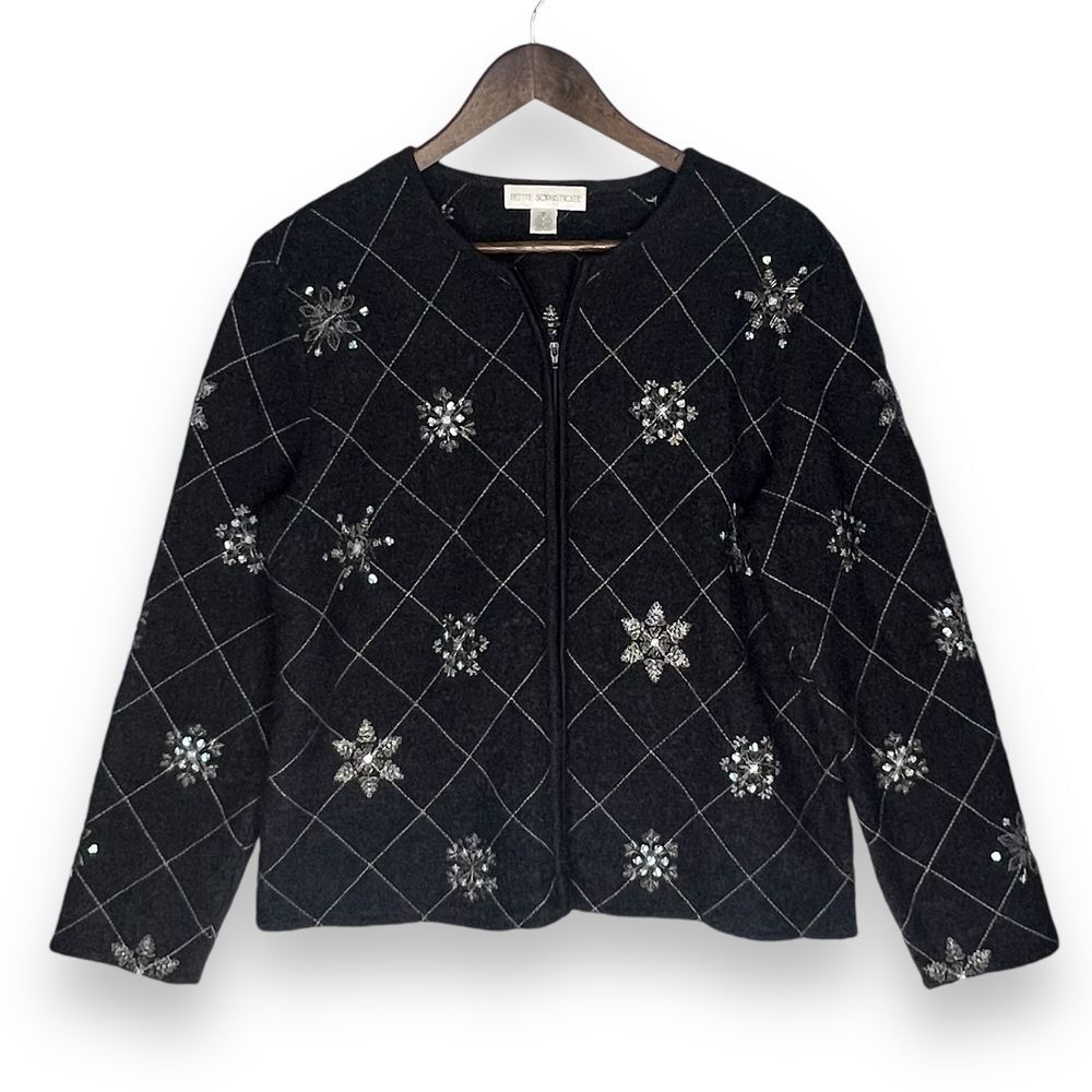 Petite Sophisticate Sweater‎ Cardigan Zip Wool Snowflake Embroidered Sequins M
